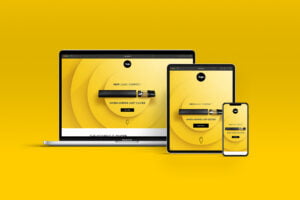 logic compact pro landing page and minisite for a launching campaign: A laptop, tablet, and smartphone display a yellow website featuring a sleek black vape pen and the text “NEW LOGIC COMPACT” with “WHEN VAPING JUST CLICKS,” highlighting bold design and creative direction on a bright yellow background with concentric circles. - FelipeIgiesias.com