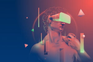 Renaissance Tech digital illustration for CDP Venture Capital inspired by Italian Renaissance art. A classical statue wearing a virtual reality headset is surrounded by floating geometric shapes, with neon blue and pink lighting giving the image a futuristic, digital aesthetic—the perfect inspiration for innovative branding or creative direction. - FelipeIgiesias.com