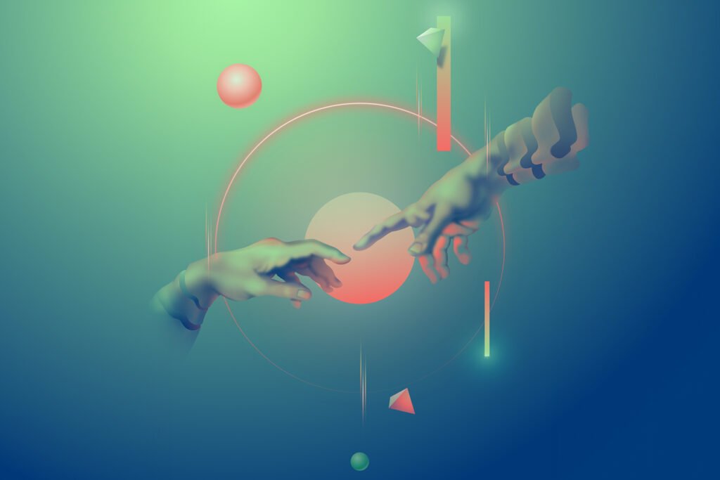 Vector illustration from Renaissance Tech series blending classical Italian art with modern design. Two surreal, floating hands reach toward each other, surrounded by glowing geometric shapes and circles on a blue-green gradient background, evoking a futuristic and abstract aesthetic inspired by innovative UI and creative direction. - FelipeIgiesias.com