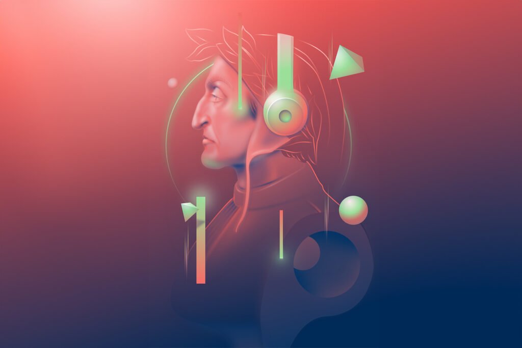 Streamlined Renaissance Tech artwork in Italian flag colours for venture capital platform. A digital illustration of a classical profile portrait, likely Dante Alighieri with laurel leaves, reimagined by a UX designer and surrounded by abstract neon geometric shapes on a red and purple gradient background. - FelipeIgiesias.com