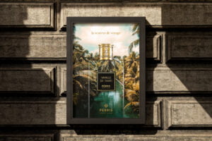 Framed Perris Monte Carlo Vanille de Tahiti perfume ad on a stone wall, featuring a bottle against a tropical palm backdrop with French text la senteur de voyage—a touch of creative direction for the discerning designer. - FelipeIgiesias.com