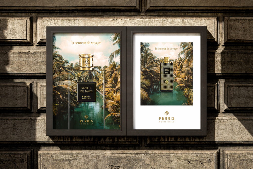 Two framed posters on a stone wall showcase Perris Monte Carlo’s Vanille de Tahiti perfume bottle with creative direction, set against a lush tropical backdrop with palm trees and water, featuring elegant gold and black packaging. - FelipeIgiesias.com