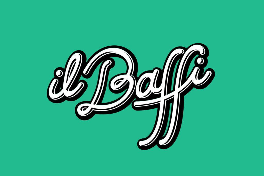 The image features the words il Baffi in a bold, cursive, white font with a black shadow on a solid teal background, showcasing strong branding and creative direction. - FelipeIgiesias.com