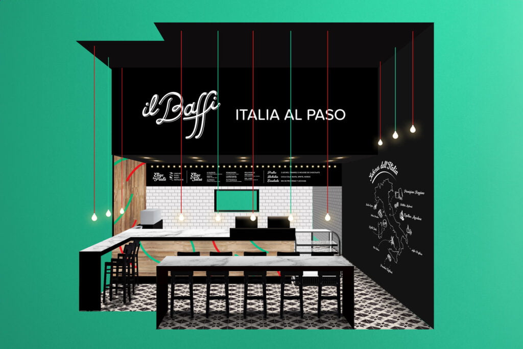 A modern Italian eatery with black walls, white tiles, hanging light bulbs, and a chalkboard menu. The minimalist counter, stools, and tables reflect thoughtful design, while the sign reads il Baffo ITALIA AL PASO on the back wall. - FelipeIgiesias.com