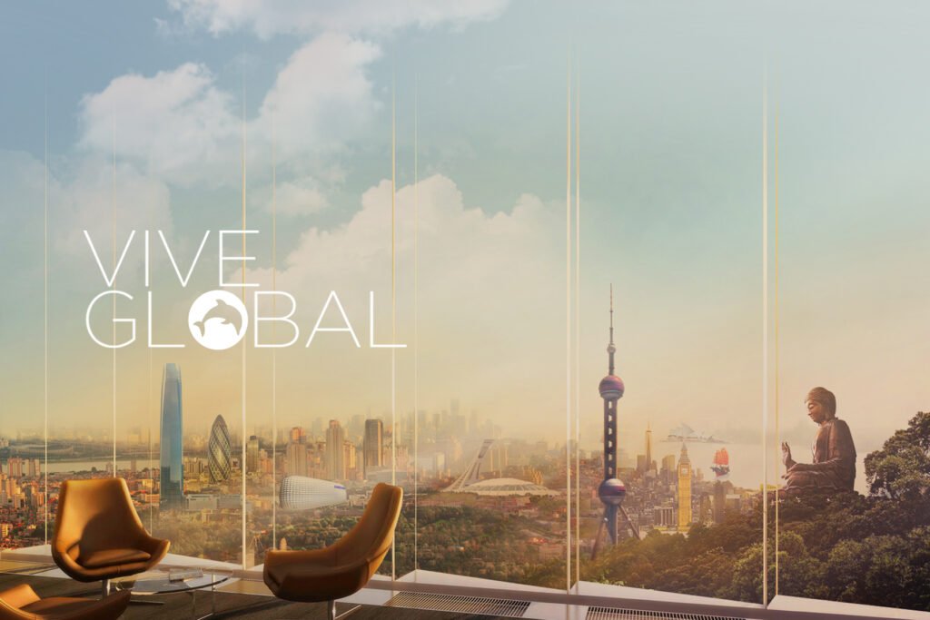 Global MBA Universidad de Chile by Felipe Iglesias - Two modern chairs face large windows overlooking a city skyline, blending creative direction with sleek UI elements. The words VIVE GLOBAL and a globe icon appear on the left side of the image.