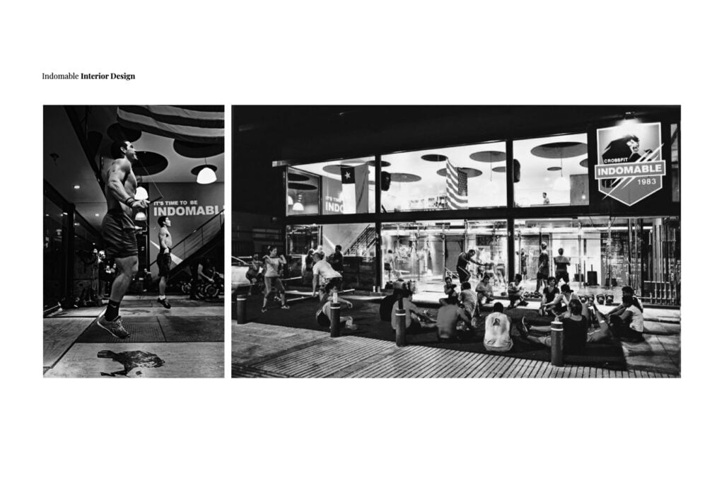 A black-and-white split image, styled with creative direction, shows people exercising outside a gym called Indomable—one close-up of a man jumping rope and another wide shot of a group working out on the pavement at night. - FelipeIgiesias.com