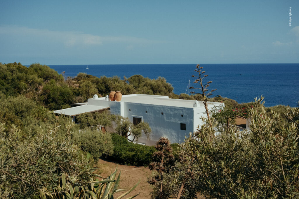 Traditional white Aeolian house in Panarea with two small windows and clay amphoras on the roof, nestled in a Mediterranean garden with olive trees and agave plants, overlooking the deep blue sea and sky, with a white boat visible in the distant background – photography by Felipe Iglesias.